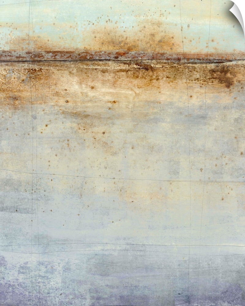 Abstract painting with a horizon line at the top in shades of brown on a background made up of blue, purple, and grey hues.