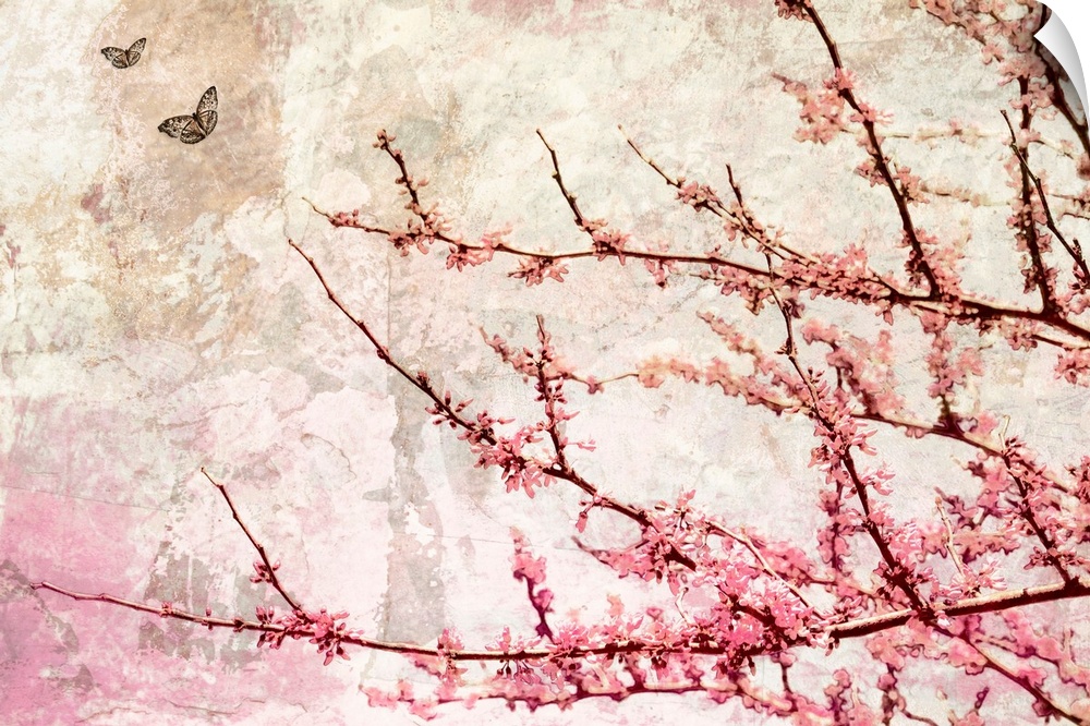 Contemporary artwork of tree branches covered in flowers with crackled background and two small butterflies in flight.