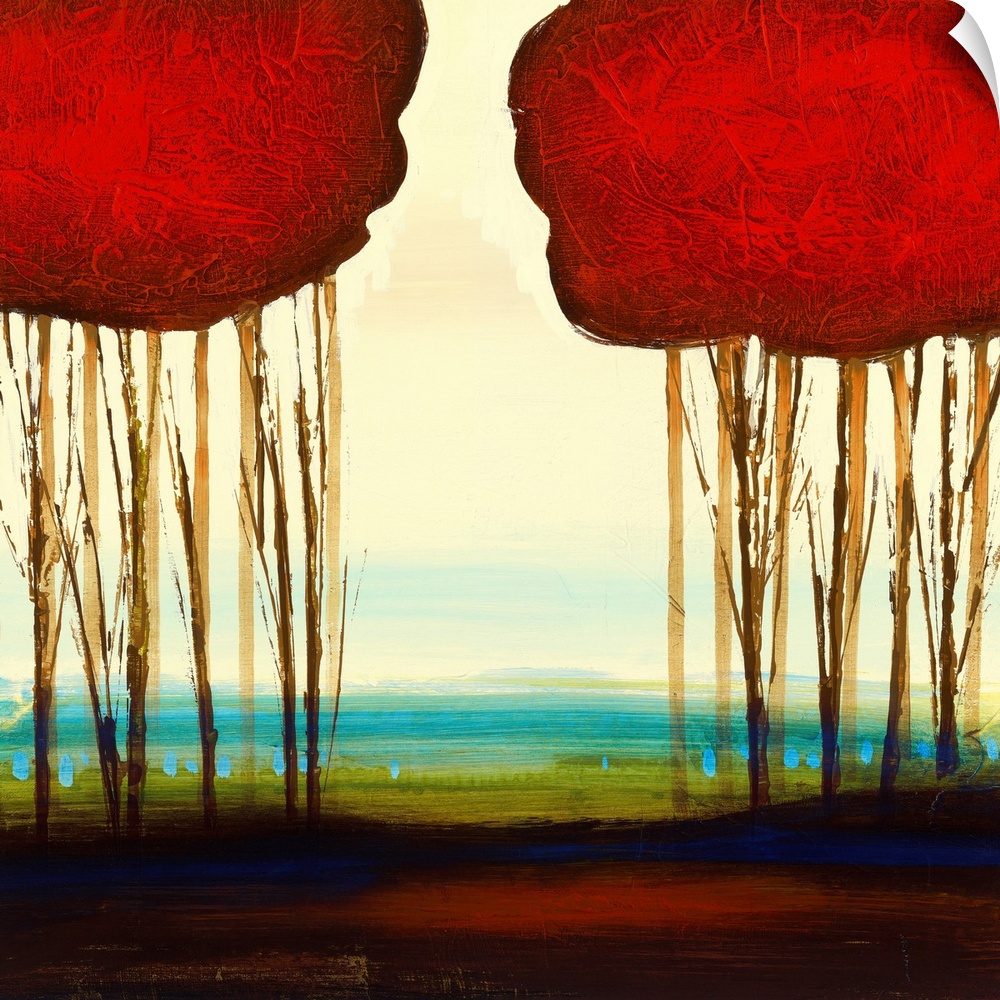 A piece of contemporary artwork that shows two groupings of trees that have red tops. The bottom is painted with several c...
