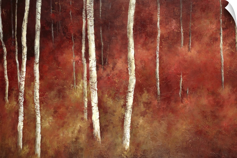 Giant, contemporary painting of thin white tree trunks in a forest surrounded with red and golden tones, making the forest...