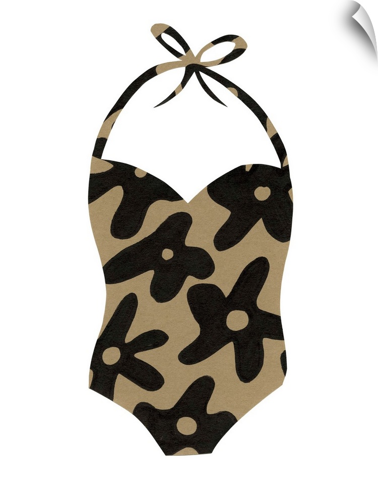 Contemporary retro art of a paper cut-out style bathing suit against a white background.