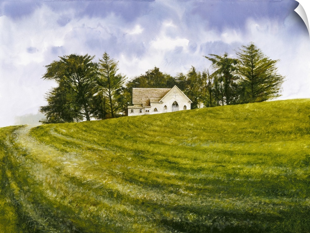 Contemporary landscape painting of a lush green hill leading up to a white house with trees in the background.