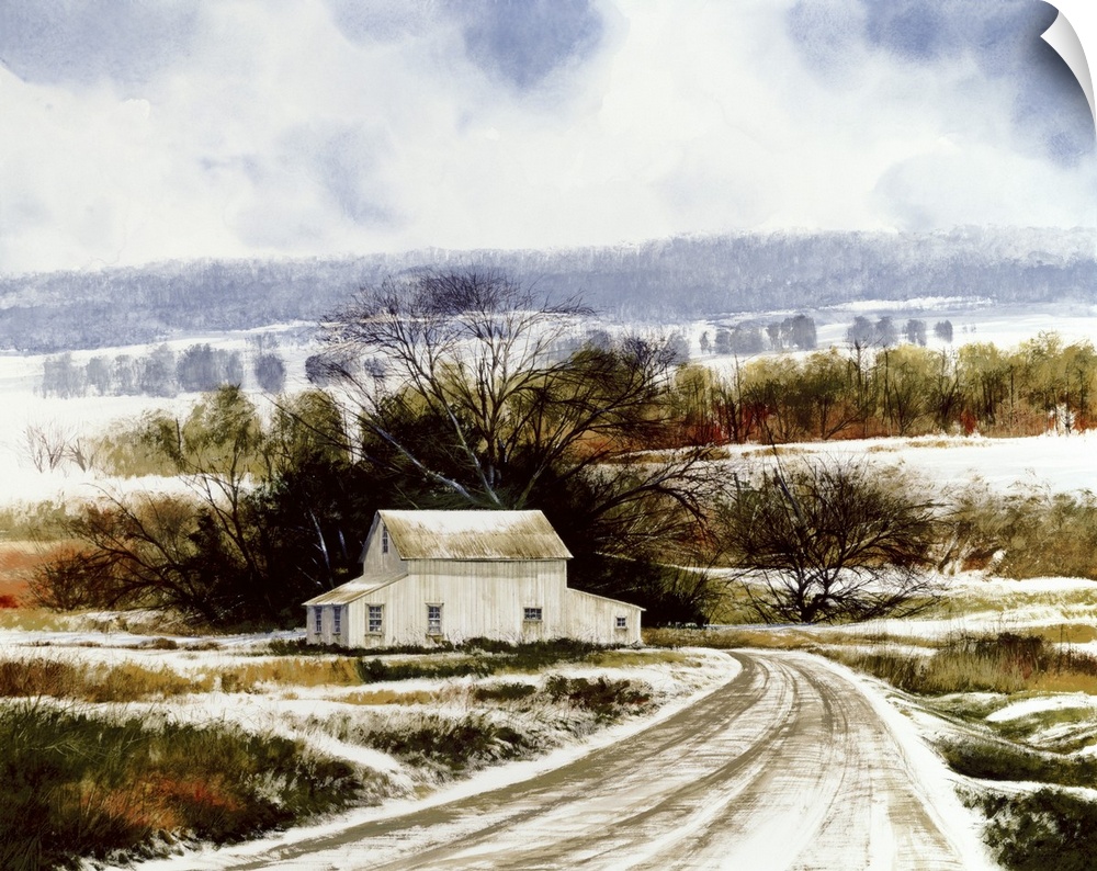 Contemporary painting of a snow covered road leading to a white barn  on the countryside.