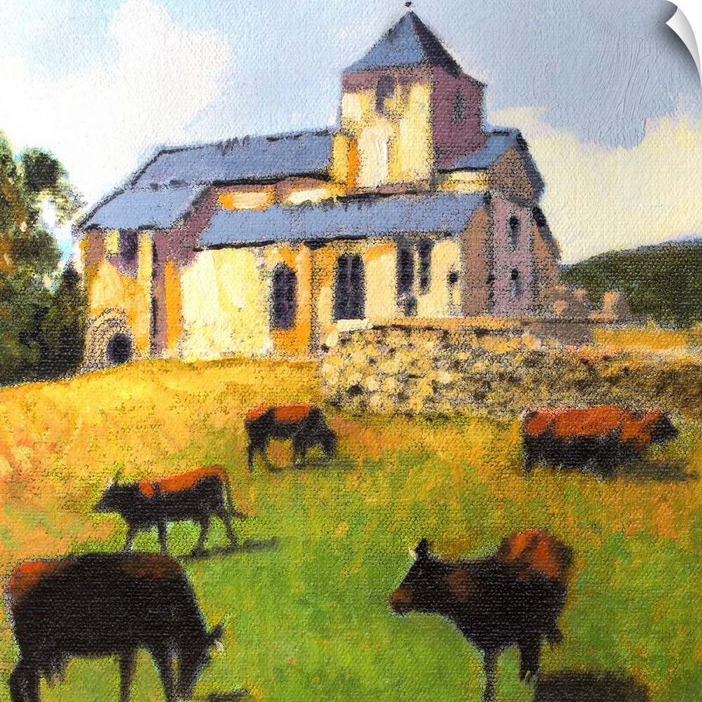 Contemporary painting of several cows grazing in a field near a farmhouse.