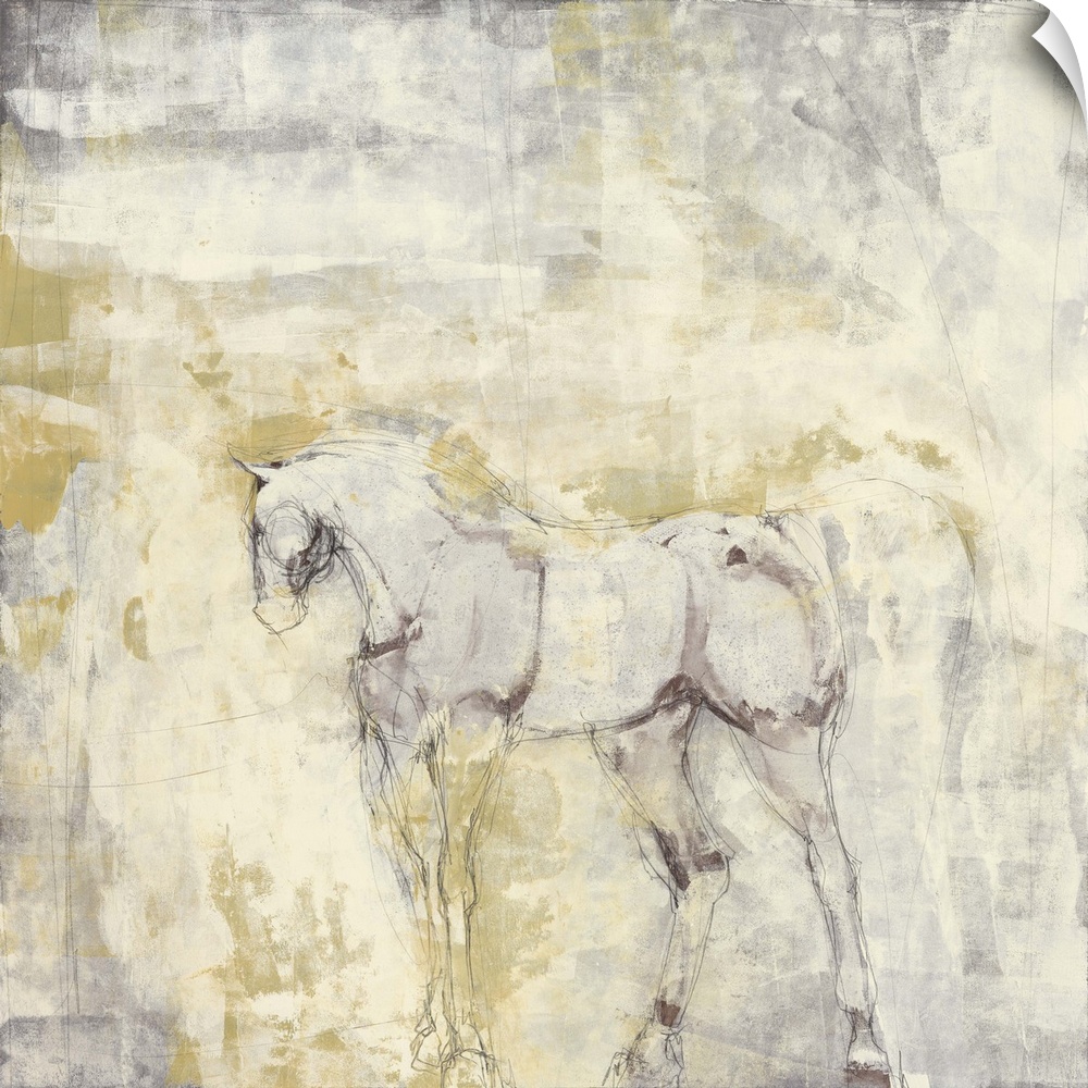 Contemporary painting of the form of a horse with its head turned to the side.
