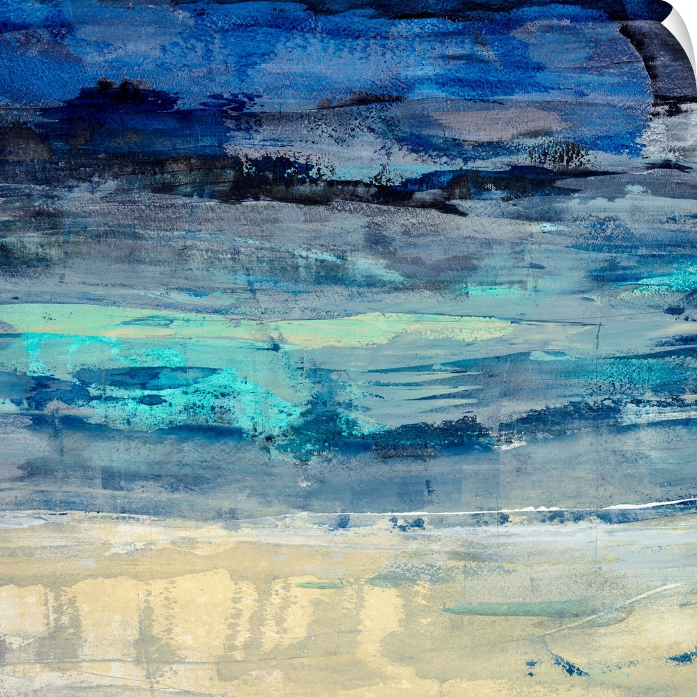 Contemporary abstract painting using a variety of blue tones transitioning to a cream tone.