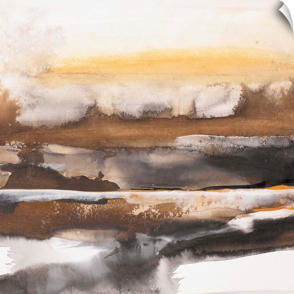 Square abstract painting of a landscape created with horizontal brushstrokes in shades of brown and grey.