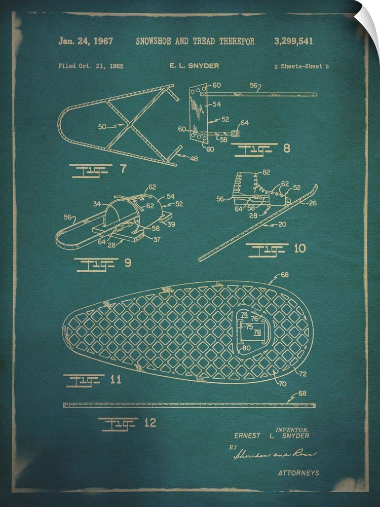 Blueprint diagram depicting the parts of a snowshoe.