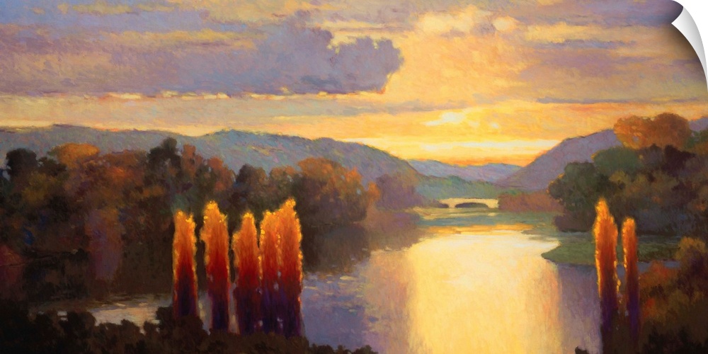 Contemporary painting of a river lined with dense forests at dawn, with golden clouds in the sky.