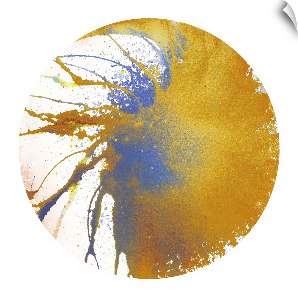 Square abstract spiral spin art inside a circle on white background in shades of yellow, blue, and orange.