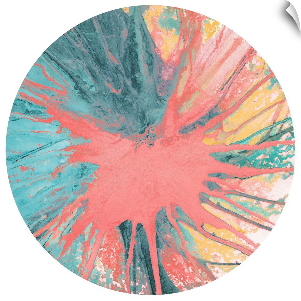Square abstract spiral spin art inside a circle on white background in shades of pink, yellow, and blue.