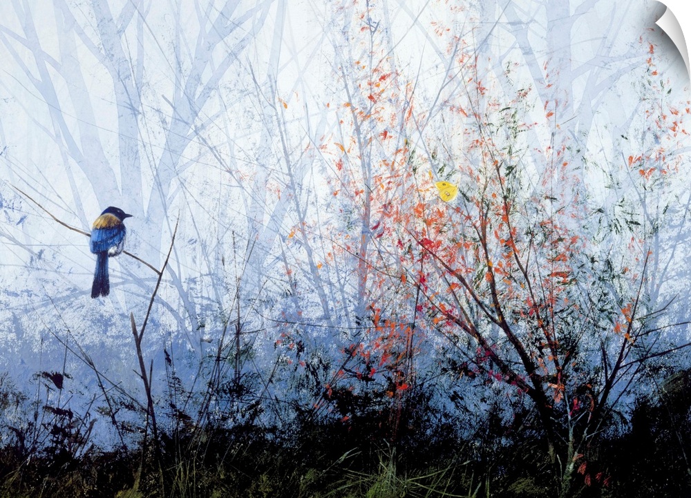 Contemporary painting of a blue bird and a yellow butterfly perched on a branch in the woods.