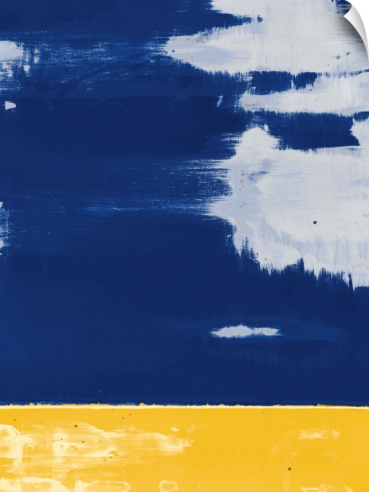 Contemporary asymmetrical abstract painting with a sectioned yellow bottom and a blue top with grey brushstrokes throughout.