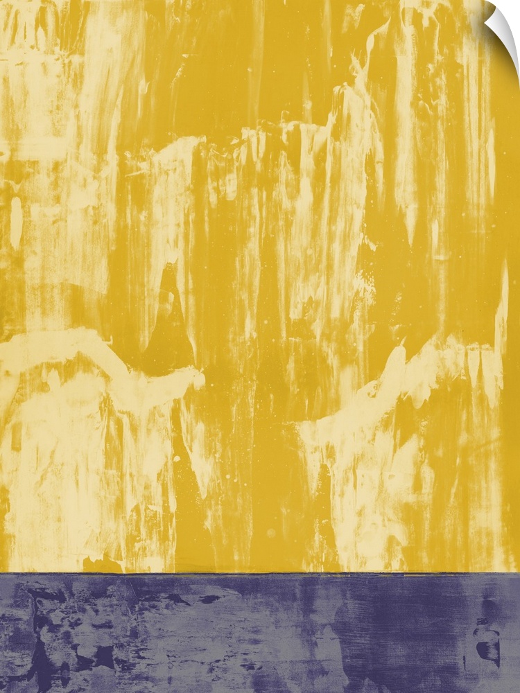 Large abstract painting in shades of yellow and purple split into two sections.