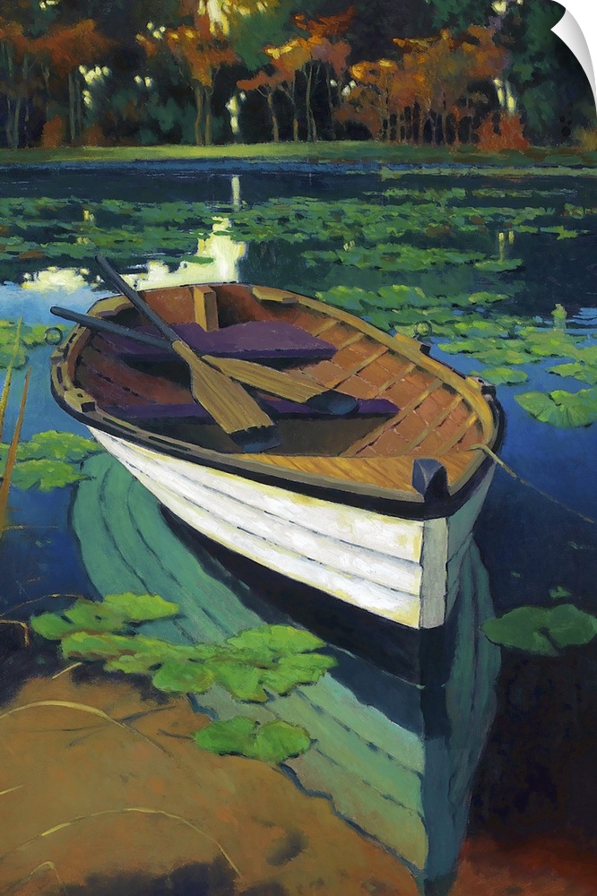 Contemporary painting of a wooden rowboat in a pond with lily pads.