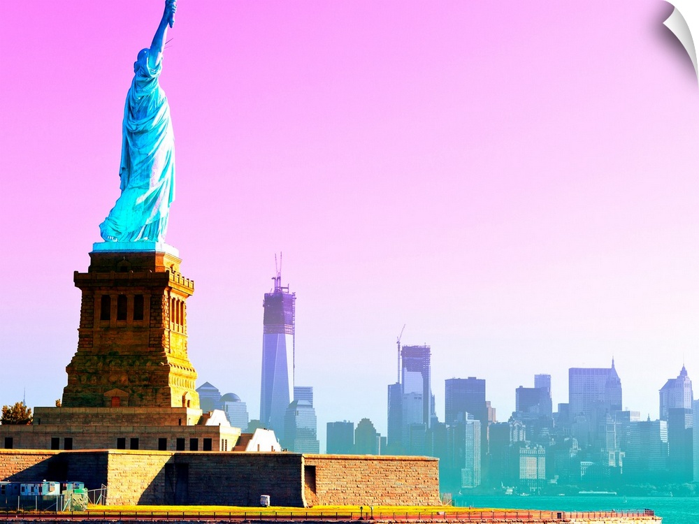 Vividly colored photograph of the Statue of Liberty and New York skyline.