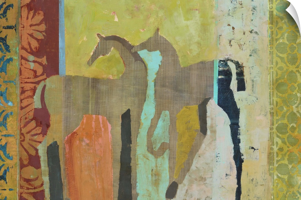 Big painting of two horses on top of vertical strips of patterns.
