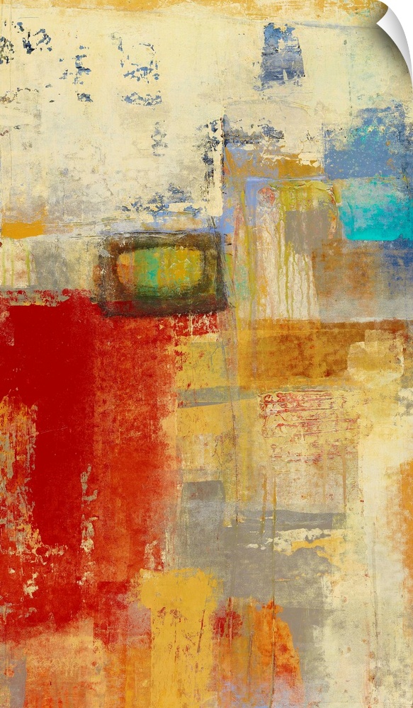 Contemporary abstract painting in bold shades of red and gold.