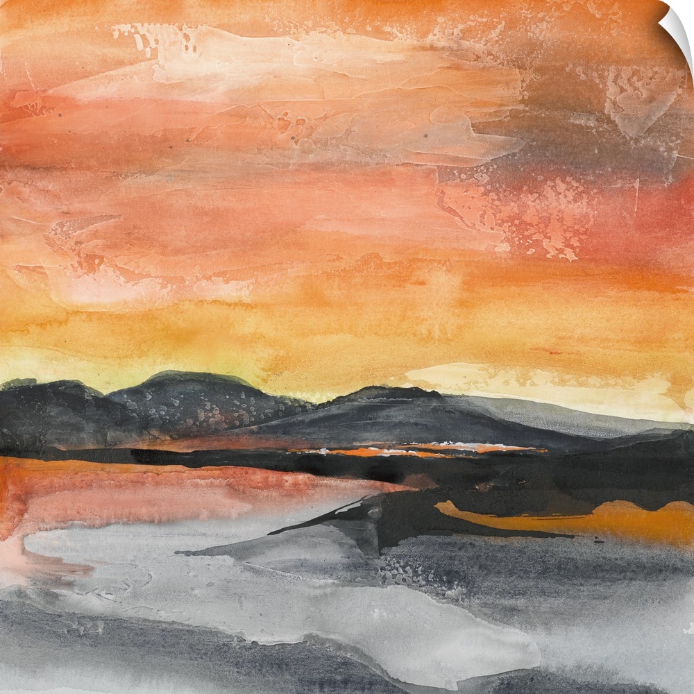 Square abstract painting of a mountainous landscape in New Mexico with a fiery red and orange sky.