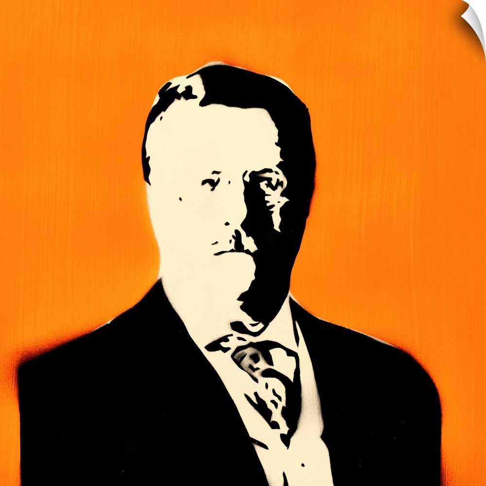 Square spray art of Teddy Roosevelt on a bright orange background.