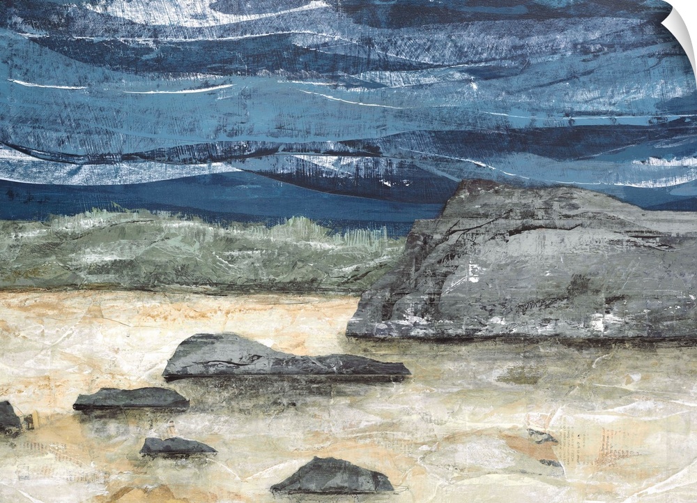 Abstract landscape painting with a rocky ground and a wavy blue sky.