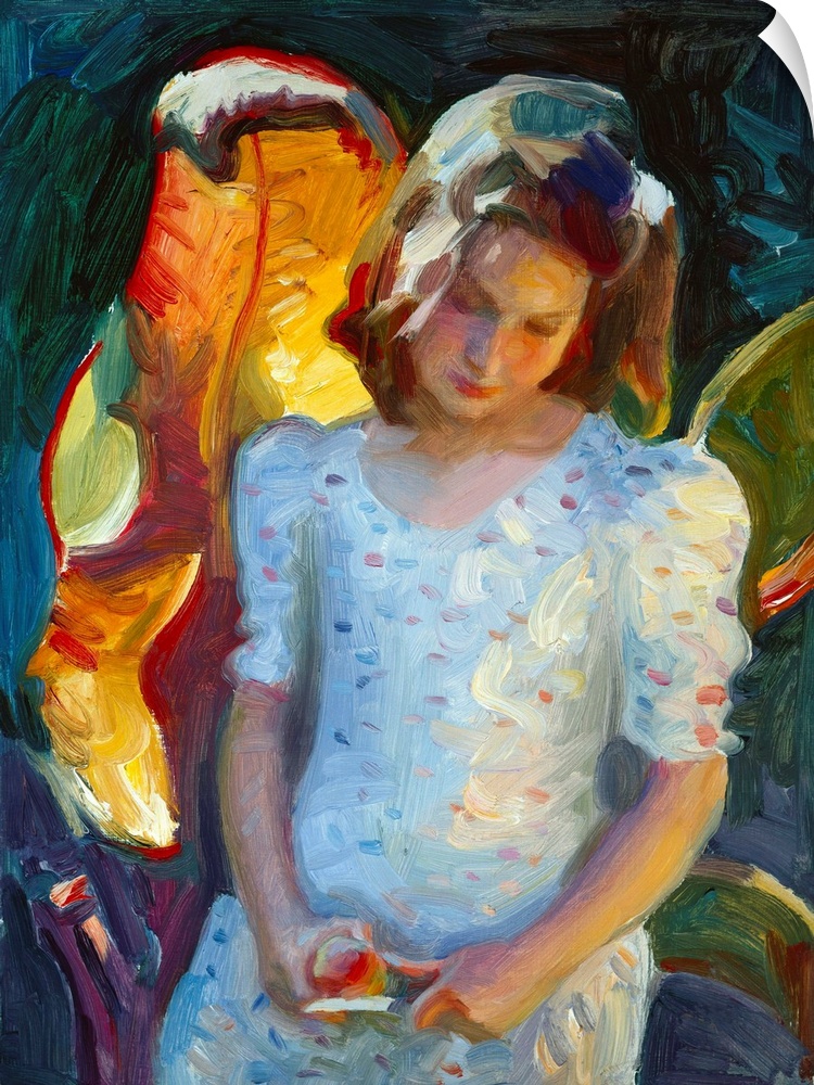 A contemporary painting of a little girl wearing a white dress and peeling an apple.