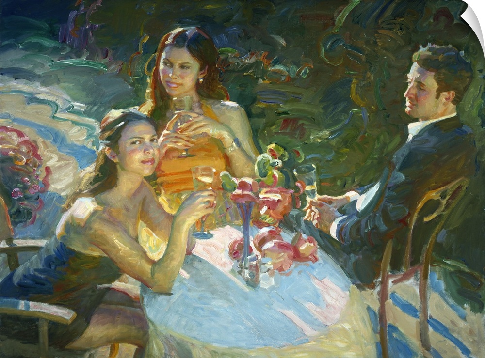 A contemporary painting of three people dressed in formal attire sitting at a table.