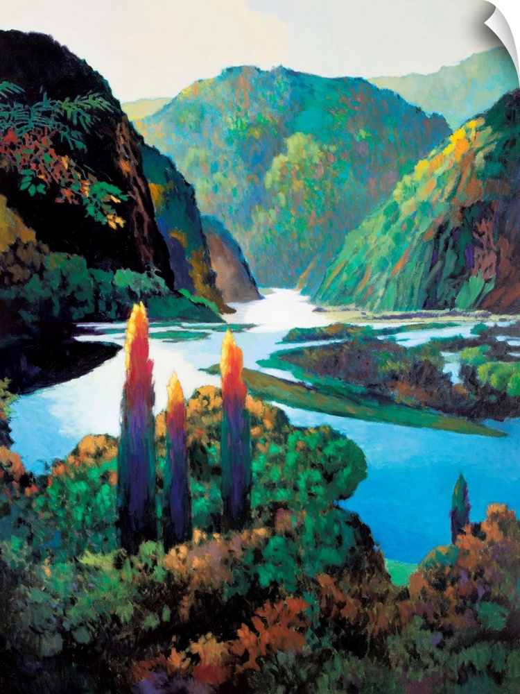 Contemporary painting of a winding river in a mountain landscape.