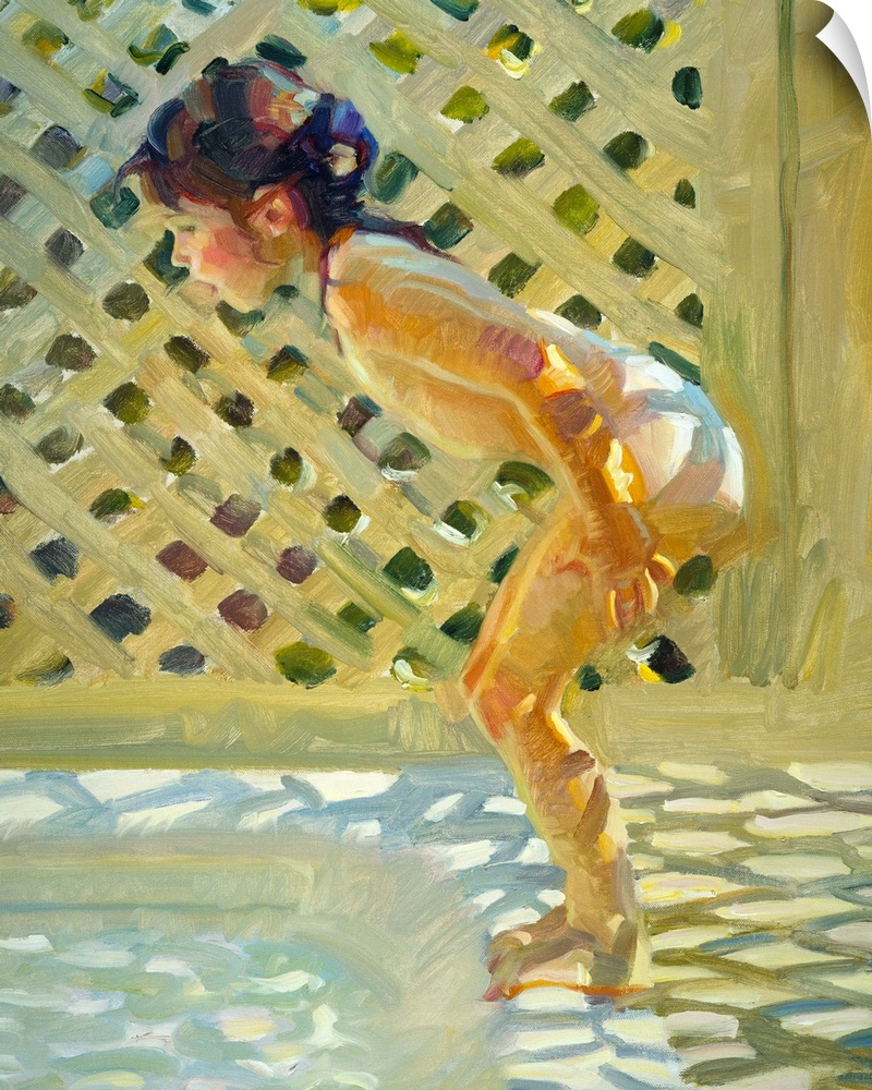 A contemporary painting of a little girl about to dive into a pool.