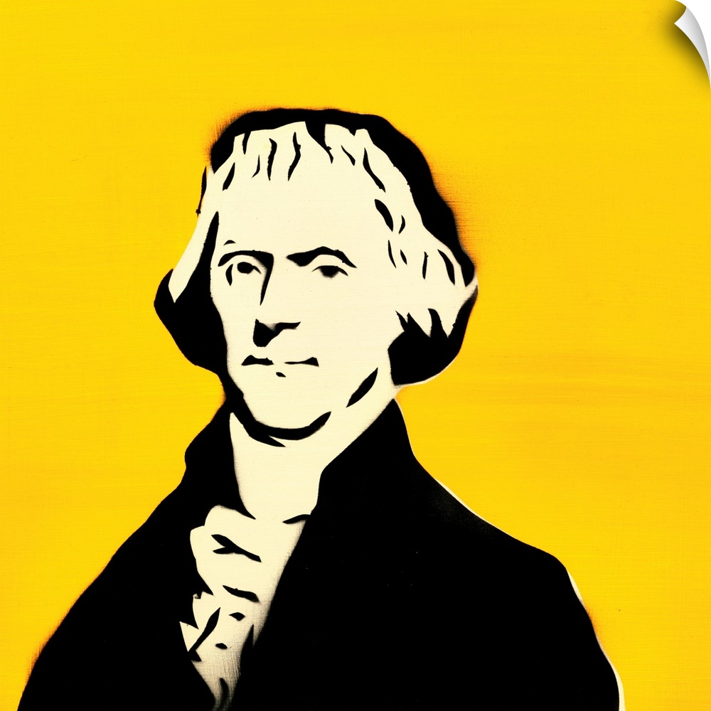 Square spray art of Thomas Jefferson on a bright yellow background.