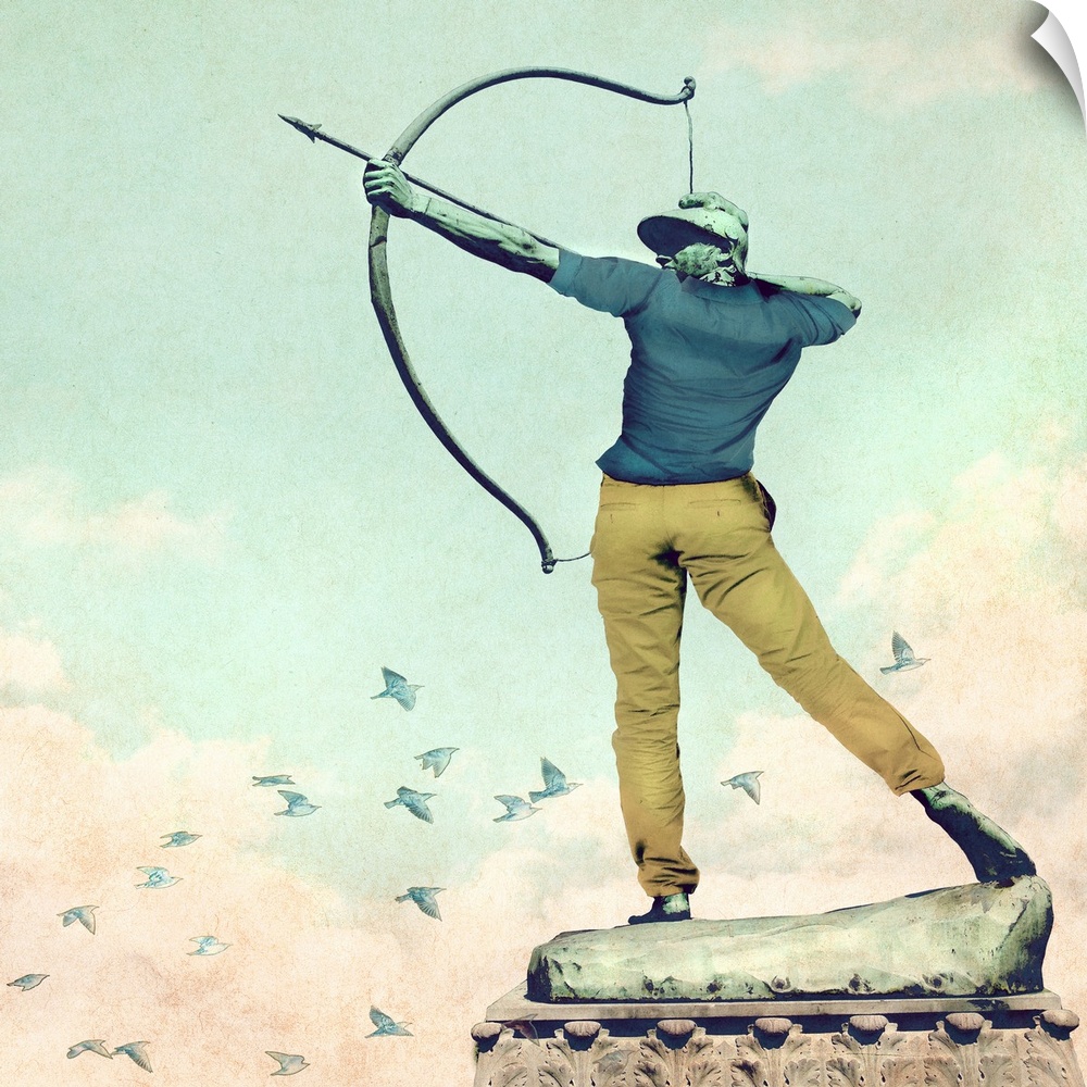 Humorous illustration of a statue shooting a bow and arrow dressed up in clothes.