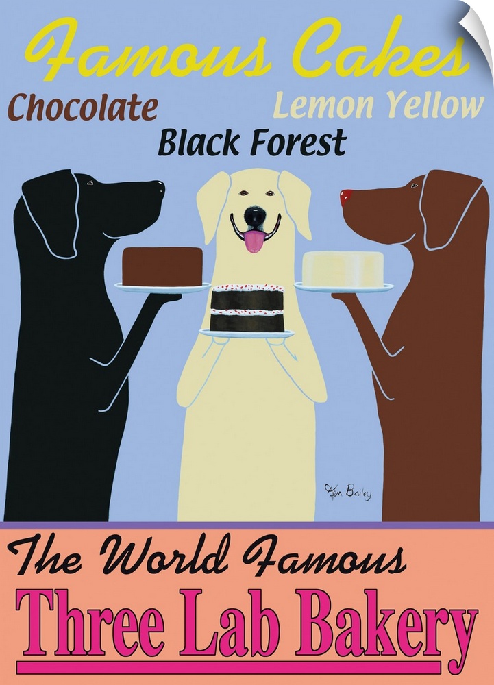 Retro-style artwork of three Labrador retriever dogs, each holding a lemon, black forest, or chocolate cake.