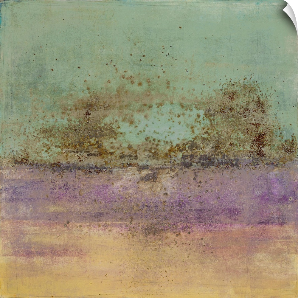 Square abstract painting with brown paint splatter in the center, a sea-foam green top, and a purple and orange bottom.
