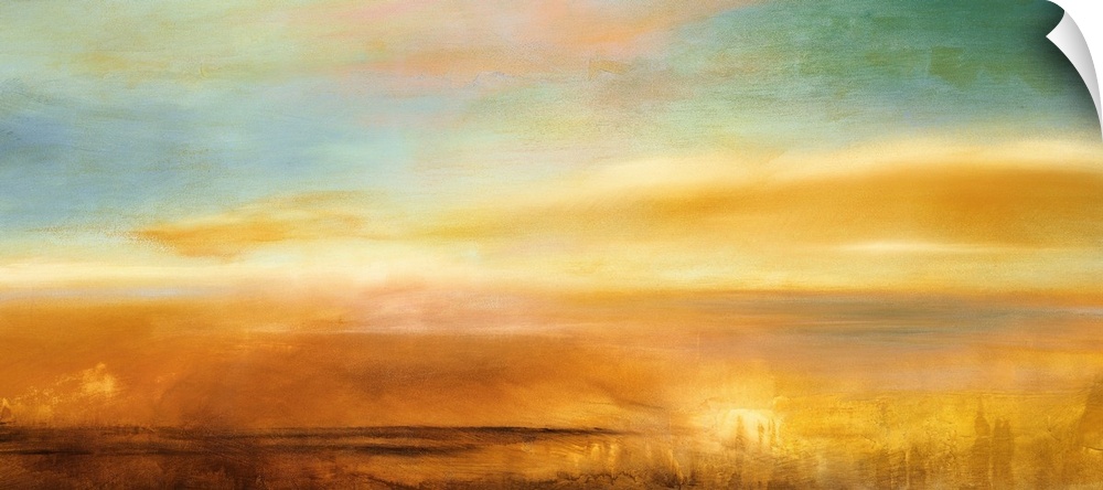 This contemporary piece consists of warmer tones throughout the piece and a blue, cooler sky above.