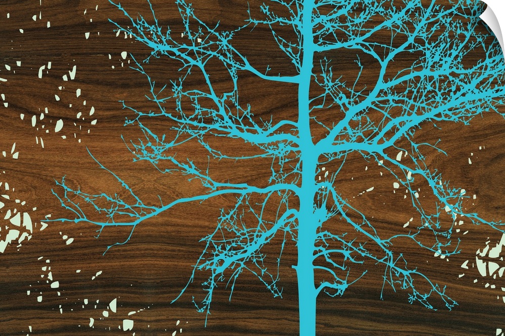 Decorative turquoise silhouette of a tree against natural wood grain texture, resembling a wavy backdrop, with speckled li...