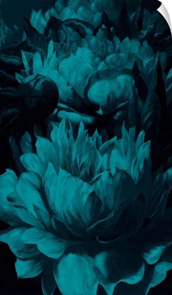 Contemporary painting of blue flowers on a black background.