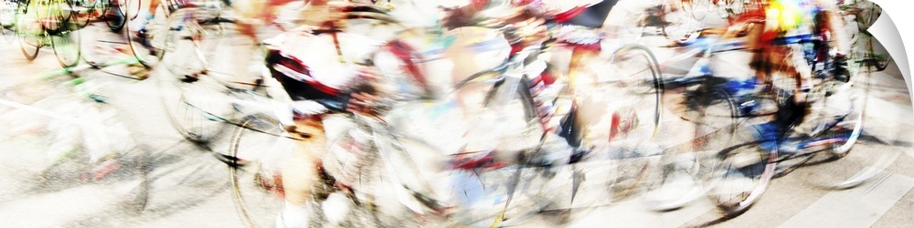 Long exposure panoramic photograph of bicycles.