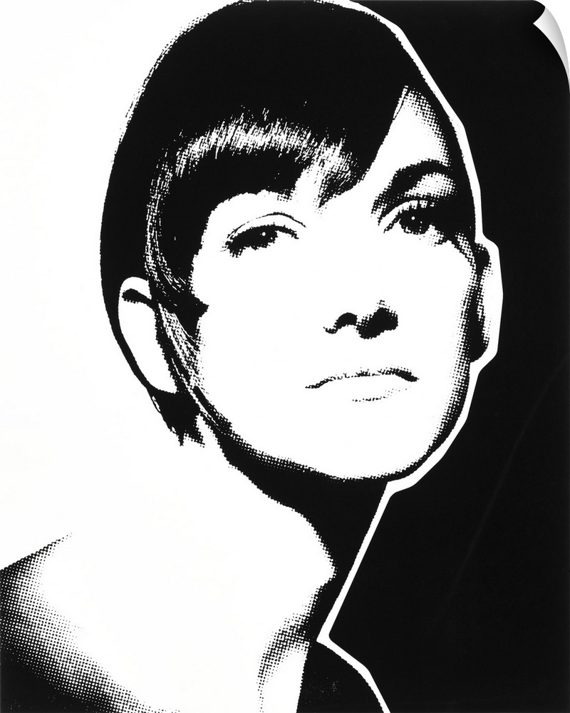 Black and white illustration of a woman with short hair.