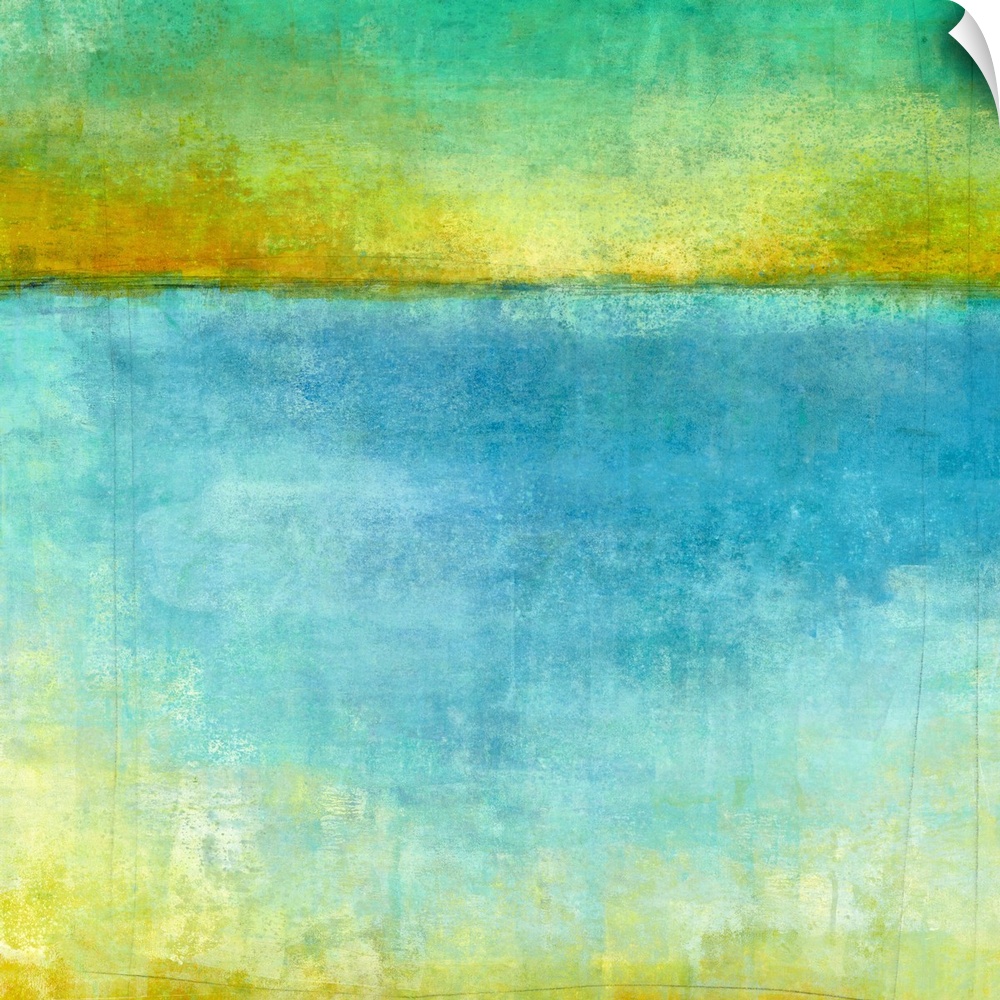 Abstract artwork resembling a lake and horizon in blue, yellow, and green shades.