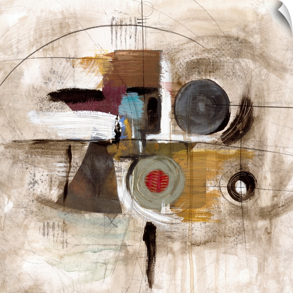 Abstract artwork with different designs and muted colors that are focused in the center of this piece.