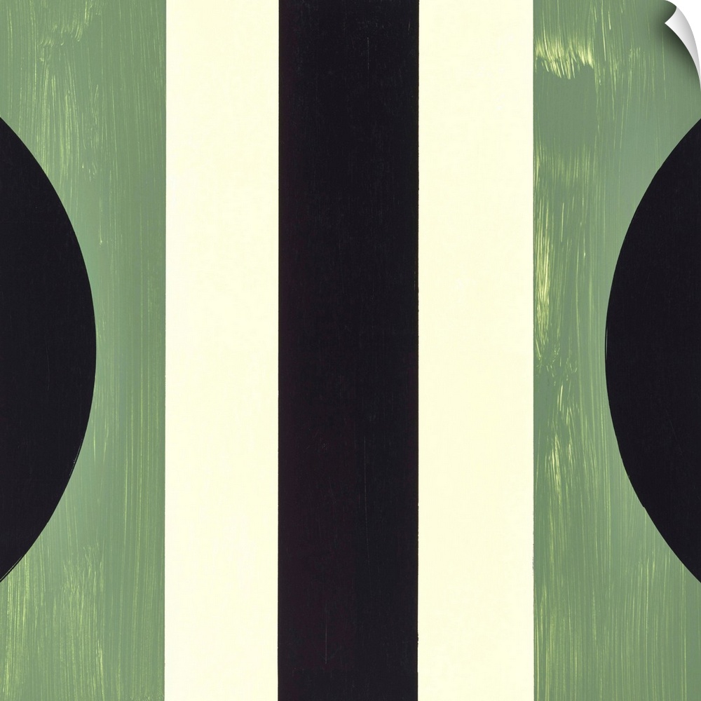 Square symmetric abstract painting using geometric shapes in shades of green, black, and cream.