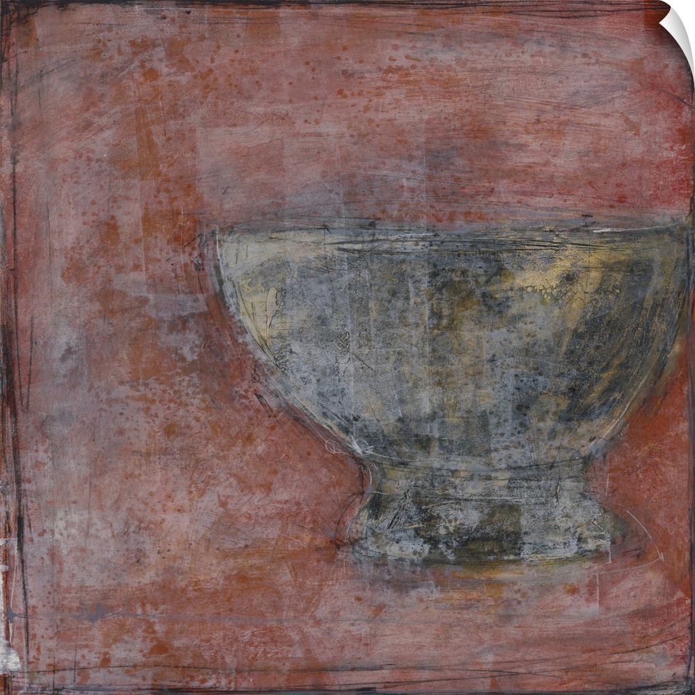 Still life painting of a bowl on red background with an aged texture overlay.