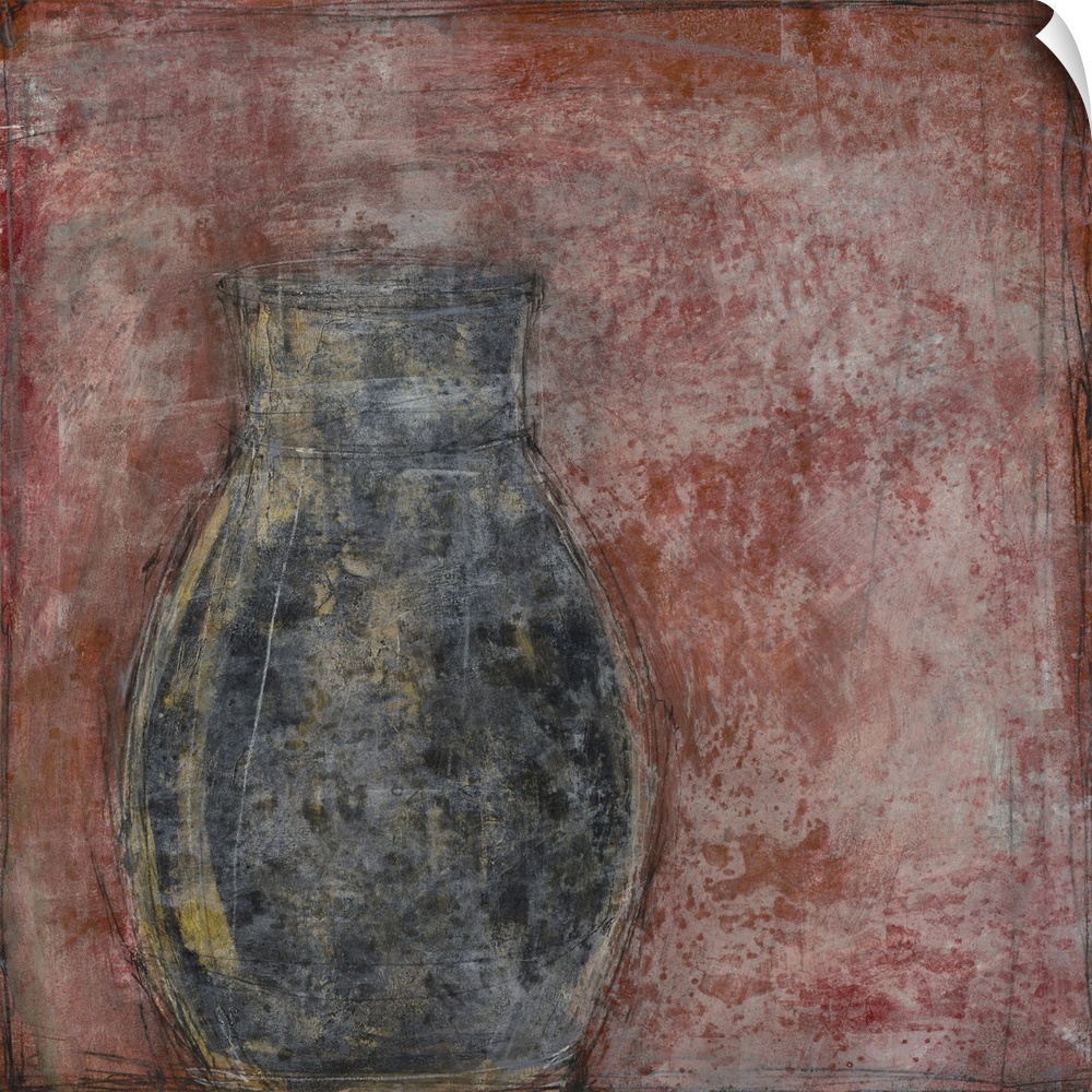 Still life painting of a vase on a red background with an aged texture overlay.