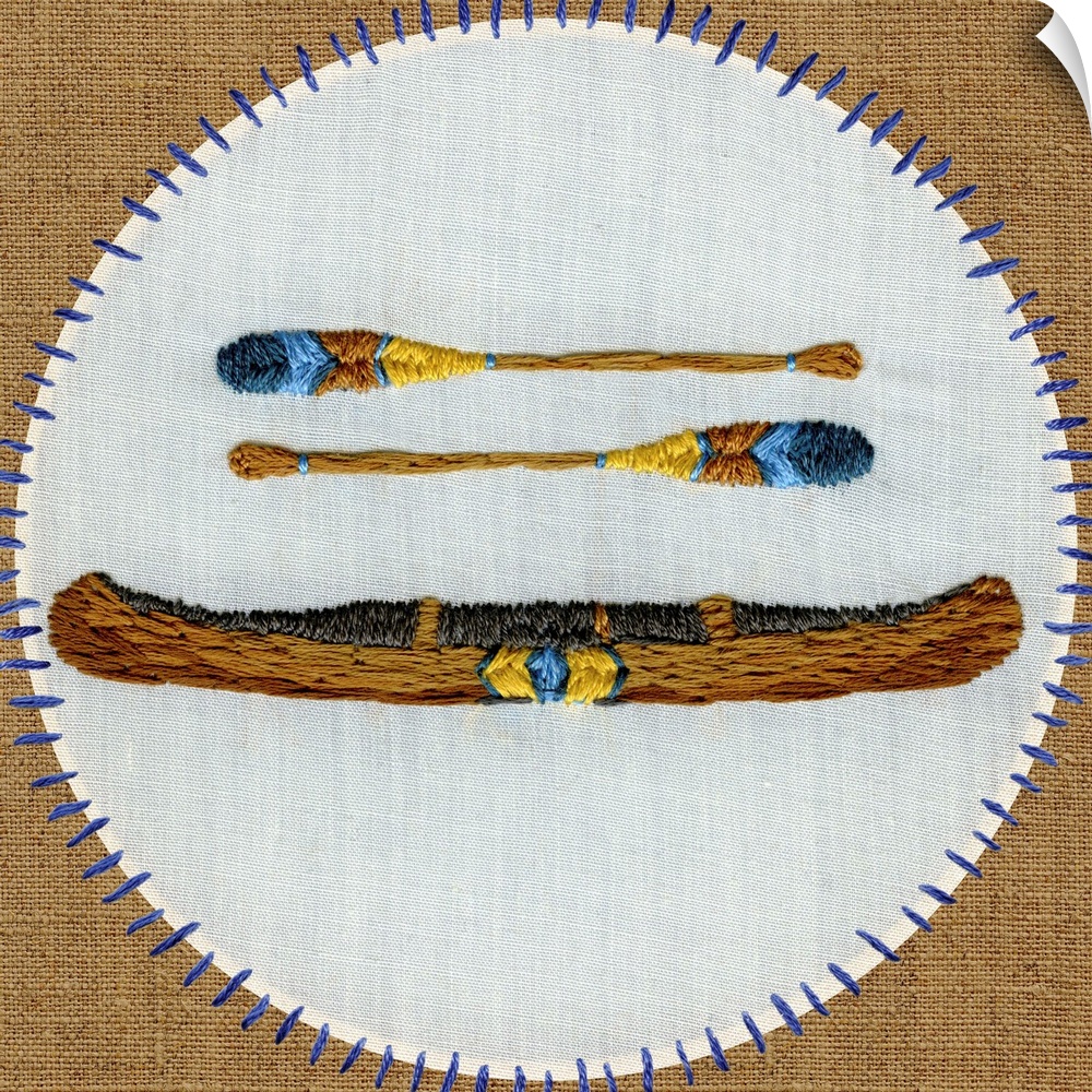 Contemporary embroidered artwork of a canoe sewn onto a white circle against a brown background.
