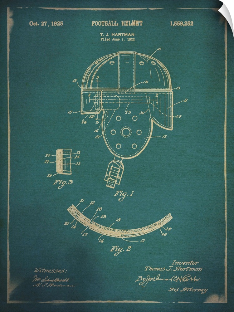 Blueprint diagram depicting the parts of a vintage football helmet.