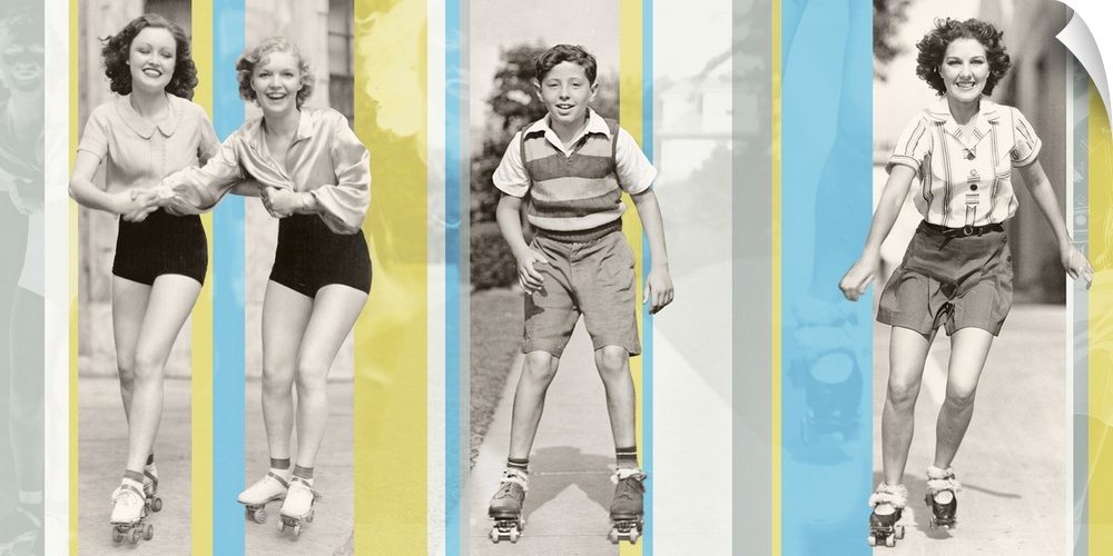 A composite of vintage photos of people in roller skates with color stripes overlaying.