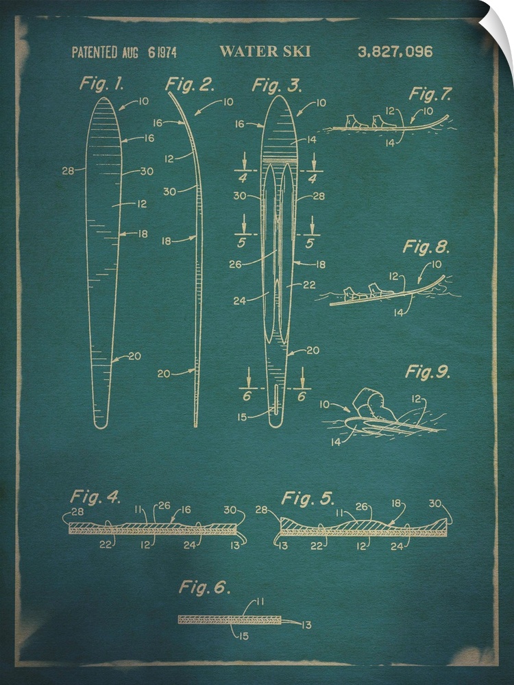 Blueprint diagram depicting the parts of a water ski.