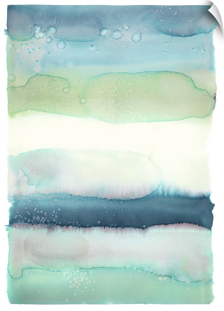 Blue, green, and white watercolor painting in horizontal layers.