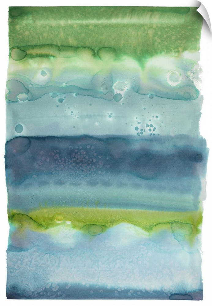 Blue and green watercolor painting created in layered horizontal sections on a white background.