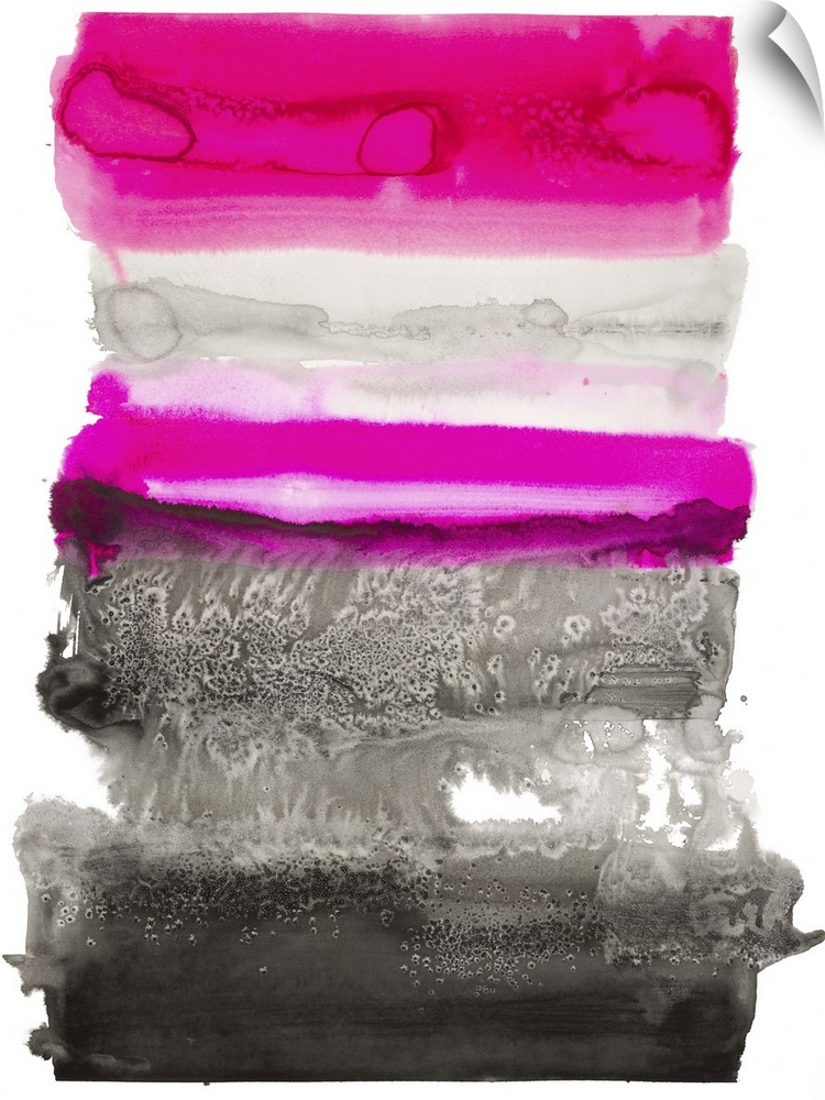 Bright pink, grey, and black watercolor painting created in layered horizontal sections on a white background.